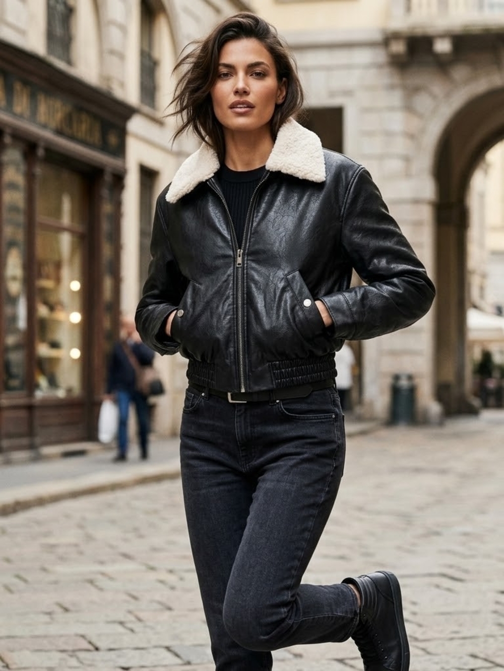 Guess Black Leather Bomber Jacket with Cream Shearling Collar
